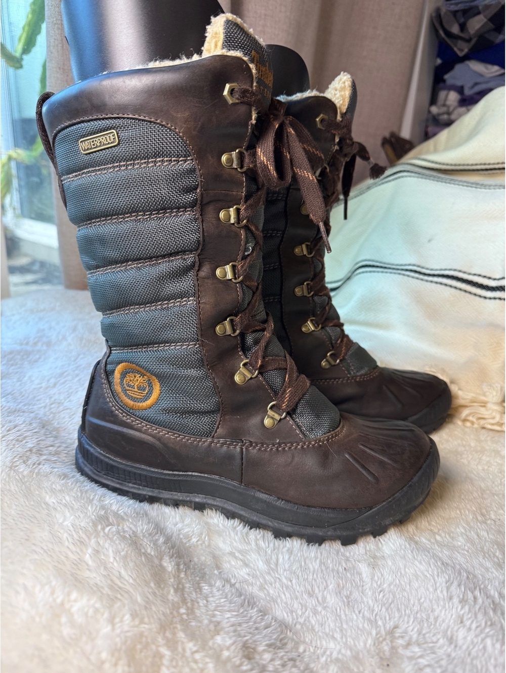Timberland Women’s Tall Waterproof Leather Lace Up Winter Snow Boots Brown